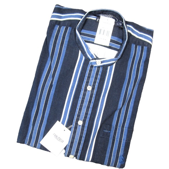 Vtg Nautica Shirt Mens L Blue Striped Button Up Collared Retro 90s Preppy NEW - Picture 1 of 9